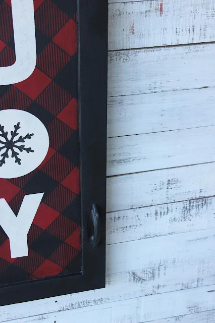 A Vintage Cabinet Door Buffalo Check Christmas JOY Sign #oldsignstencils #stenciling #rusticChristmas #buffalocheck #Christmassign #garagesalefind #upcycle #cabinetdoor