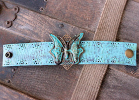 Upcycled Turquoise Butterfly Leather Cuff by Ever Designs Jewelry Bracelet Blue Aqua Verdigris