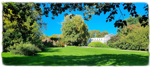 Utsikt fra Fjellhagen opp til Palmehuset i Botanisk hage på Tøyen i Oslo.