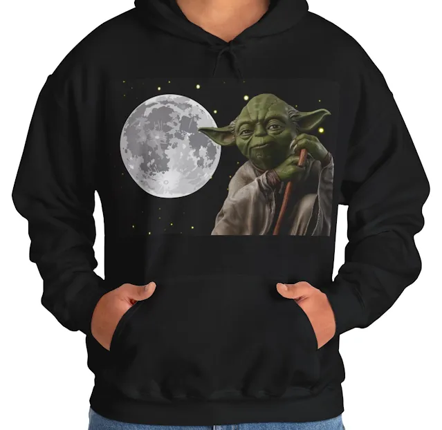 A Hoodie With Star Wars Yoda Wearing Light Pink Costume Holding a Wooden Stick