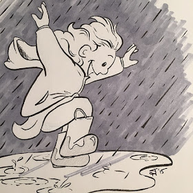 Black and white ink drawing of a little girl in a raincoat and rainboots happily and excitedly jumping in rain puddle during a rain storm