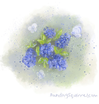 Image ia a watercolour painting of a bright blue bush, with green leaves and butterflies.