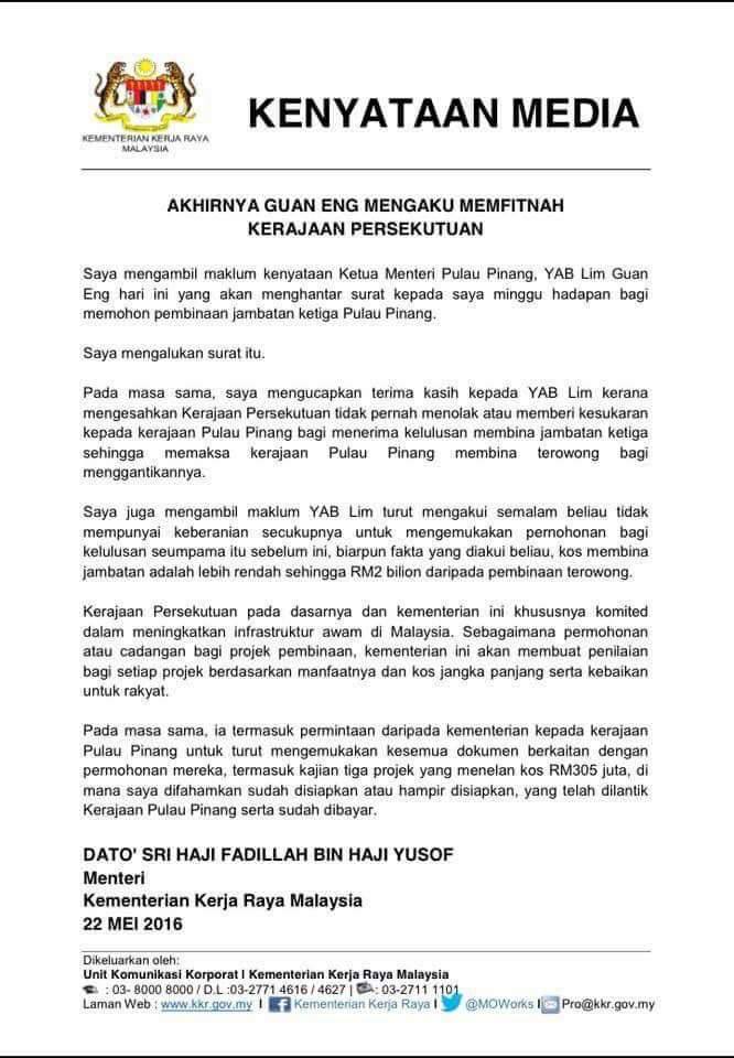 Akhirnya Guan Eng Ngaku Memfitnah Kerajaan Persekutuan #DAPRasuah #LGERasuah