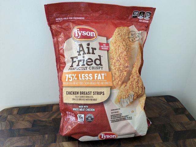 A bag of Tyson Air-Fried Chicken Breast Strips.