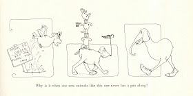 A series of cartoons showing fantastical animals including a goat-bird hybrid, a hoofed dog creature with three bears balancing on its back, and an elephant with only two legs, both ending in sneakers. The caption reads "Why is it when one sees animals like this one never has a gun along?"