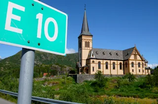 Vågan Church in Kabelvåg on the E10 Highway, Lofoten Islands, Norway. Photo © Samosir Books