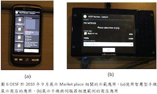 OESF-Market place於2010/9展示的示範應用 (a)智慧型手機的樣態 (b)手機與伺服器間相連的商店應用