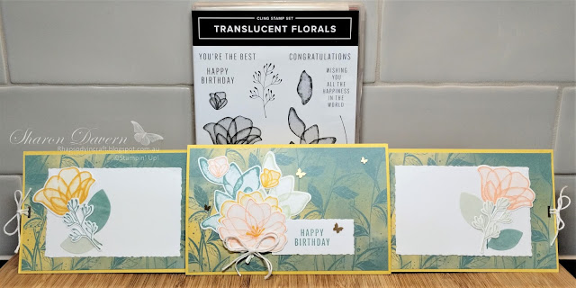 Rhapsody in Craft, #rhapsodyincraft,Daffodil Delight, Translucent Florals, Translucent Florals Dies, Translucent Florals Bundle, Best Trio Punch, Deckled Rectangle Dies, Double Slider Card, Fancy Fold, Birthday Card, Brushed Brass, Butterflies, Stampin' Blends, #colourcreationsbloghop, Hello Irresistible DSP, #loveitchopit, Art with Heart, #artwithheart