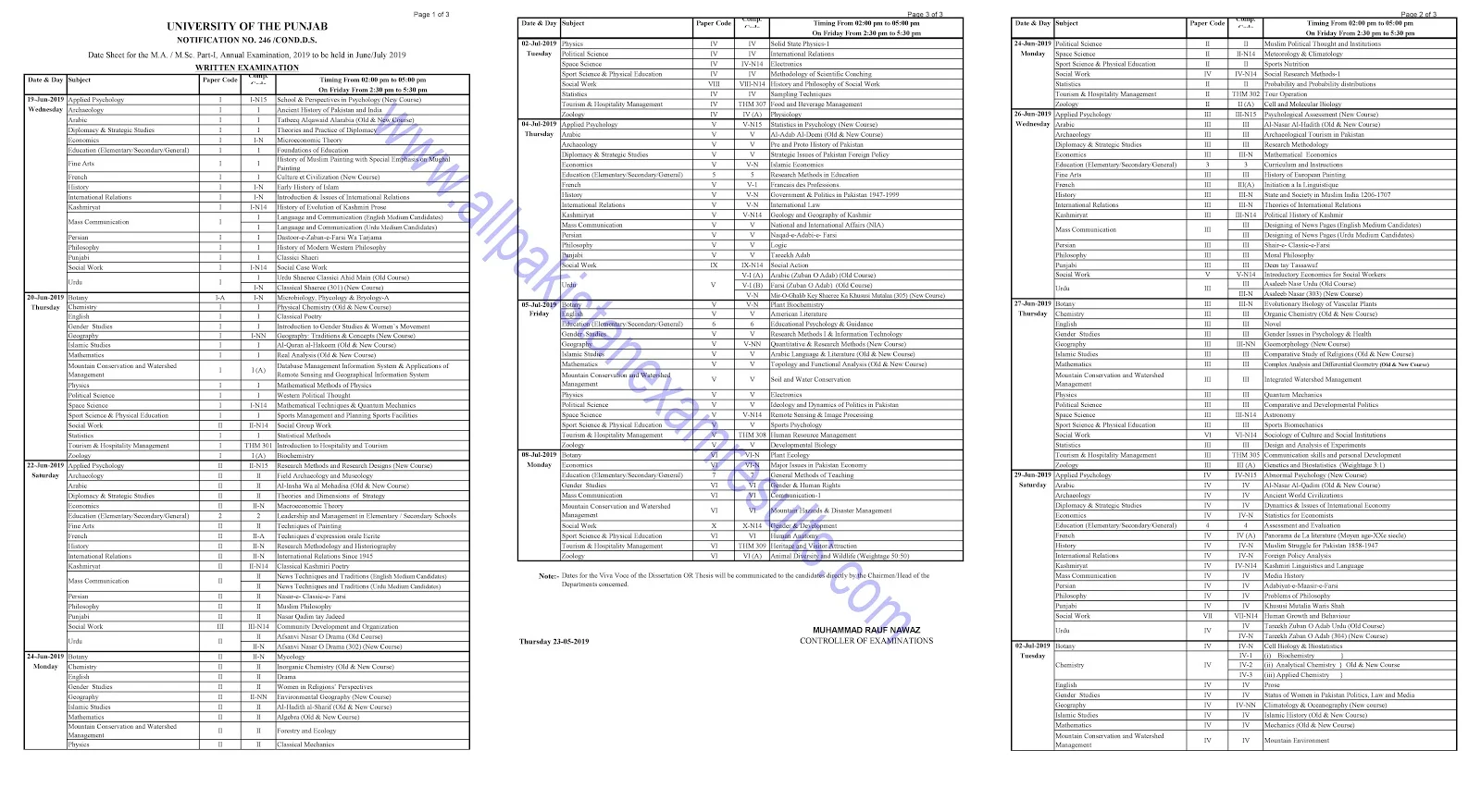 Date Sheet For MA MSc Part 1 Annual 2019