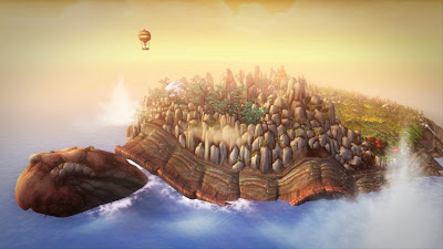 A hot air balloon flying away from Shen-zin Su, the giant turtle carrying the Wandering Isle.