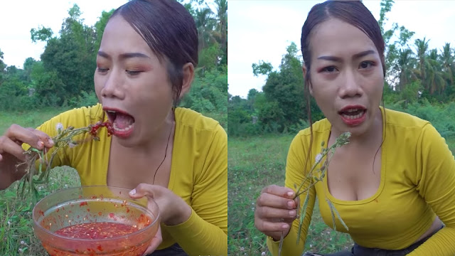 Wow! Amazing girl can eat sharp green grass are not afraid injure her mouth