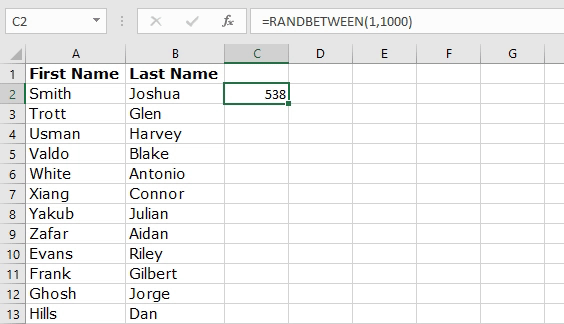Filling down the RANDBETWEEN formula in remaining cells in column C by double clicking on the fill handle