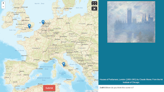 screenshot of the game Backdrop, showing a map and a painting of the Houses of Parliament
