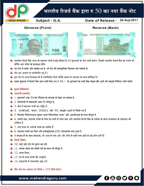 DP | New Banknote Of Rs.50 By Rbi | 26 - August - 17