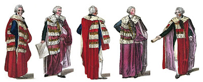 Peers (from left to right): duke, marquess, earl, viscount, baron  from A book explaining the ranks and   dignitaries of British Society (1809)