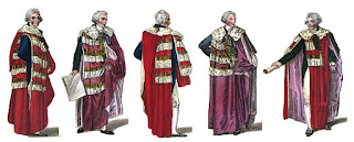 Peers (from left to right): duke, marquess, earl, viscount, baron from A book explaining the ranks and  dignitaries of British Society (1809)