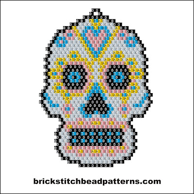 Click for a larger image of the Sugar Skull Love Halloween bead pattern labeled color chart.