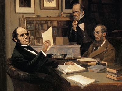 Charles Darwin con el geólogo Lyell y el botánico Hooker