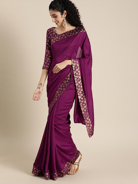 Purple & Gold-Toned Silk Blend Solid Saree with Woven Design Border