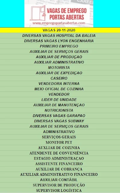 DIVERSAS VAGAS HOSPITAL DA BALEIA, DIVERSAS VAGAS LYON ENGENHARIA, PRIMEIRO EMPREGO, AUXILIAR DE SERVIÇOS GERAIS, AUXILIAR DE PRODUÇAO, AUXILIAR ADMINISTRATIVO, MOTORISTA, AUXILIAR DE EXPEDIÇAO, CASEIRO, VENDEDORA INTERNA, MEIO OFICIAL DE COZINHA, VENDEDOR, LIDER DE UNIDADE, AUXILIAR DE MANUTENÇAO, NUTRICIONISTA, DIVERSAS VAGAS GARAPAO, DIVERSAS VAGAS SUBWAY, AUXILIAR DE SERVIÇOS GERAIS, ADMINISTRATIVO, SERVIÇOS GERAIS, MONITOR PET, AUXLIAR DE COZINHA, ATENDENTE DE CONVENIÊNCIA, ESTAGIO ADMINISTRAÇAO, ASSISTENTE FINANCEIRO, AUXILIAR DE COBRANÇA, AUXILIAR ADMINISTRATIVO FINANCEIRO, AUXILIAR CONTÁBIL, SUPERVISOR DE PRODUÇÃO, SUPERVISOR LOGÍSTICA,
