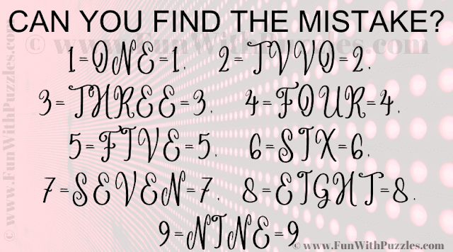 CAN YOU FIND THE MISTAKE? 1=ONE=1, 2=TVVO=2, 3=THREE=3, 4=FOUR=4, 5=FIVE=5, 6=SIX=6, 7=SEVEN=7, 8=EIGHT=8, 9=NINE=9