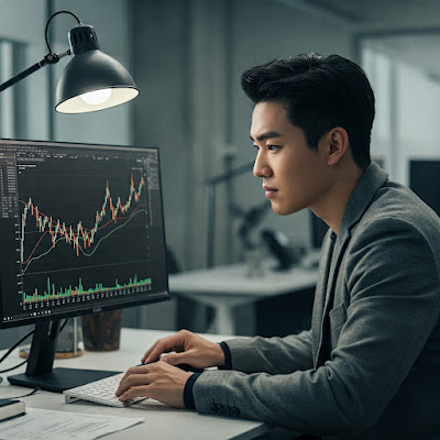 Seorang Investor Muda Sedang melihat Pergerakan Harga Saham Berdasarkan IEP Saham