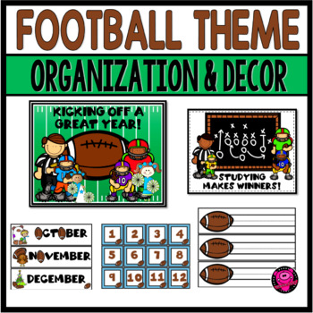 This Football Sports Theme Décor set is the perfect classroom décor set for sports fans! Teachers and students will enjoy all the colorful football players, cheerleaders, and football theme bulletin board displays, sports posters, calendar sets, desk plates, bookmarkers, labels, and MORE!