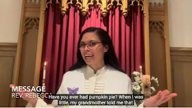 A Filipino-American woman delivers a sermon, the video is captioned