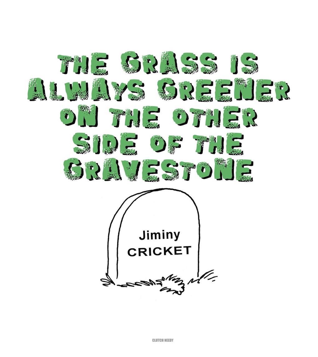 a GRAVESTONE cartoon by Clutch Needy, Jiminy Cricket grave