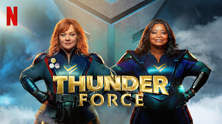 The poster for Netflix's Thunder Force, showing Melissa McCarthy and Octavia Spencer in superhero outfits doing arms-akimbo poses.