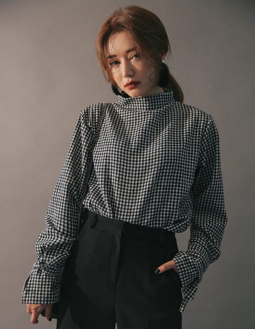 Mock Neck Self-Tie Cuff Blouse