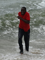 Boniface escaping the cold Atlantic waters before the baptism service last Saturday