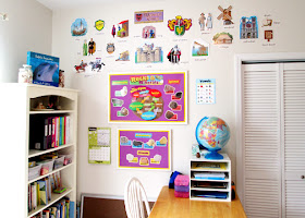 I decorated our primary school space with Medieval and geology bulletin board sets. Since most bulletin board sets are designed for the huge bulletin boards you find in tradition schools, I had to get creative. My Blue House School vowels chart is above the globe. Our Better Binders are all ready to go too on the bookshelf.
