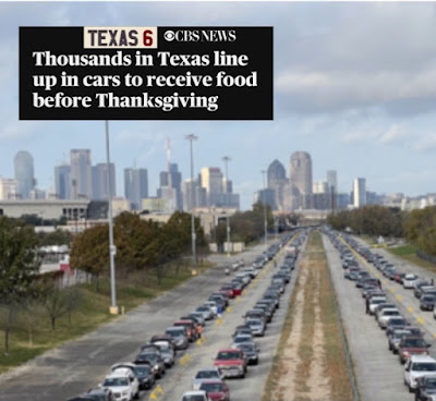Cars lining up in Texas to receive food.