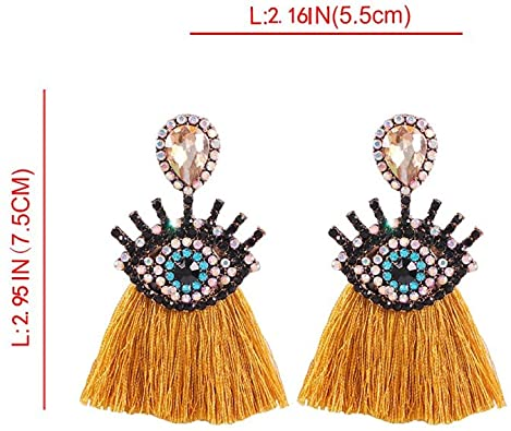 Solememo Bohemian Crystal Water Drop Stud with Rhinestones Eye and Lashes Fringed Tassel Statement Dangle Earring for Women