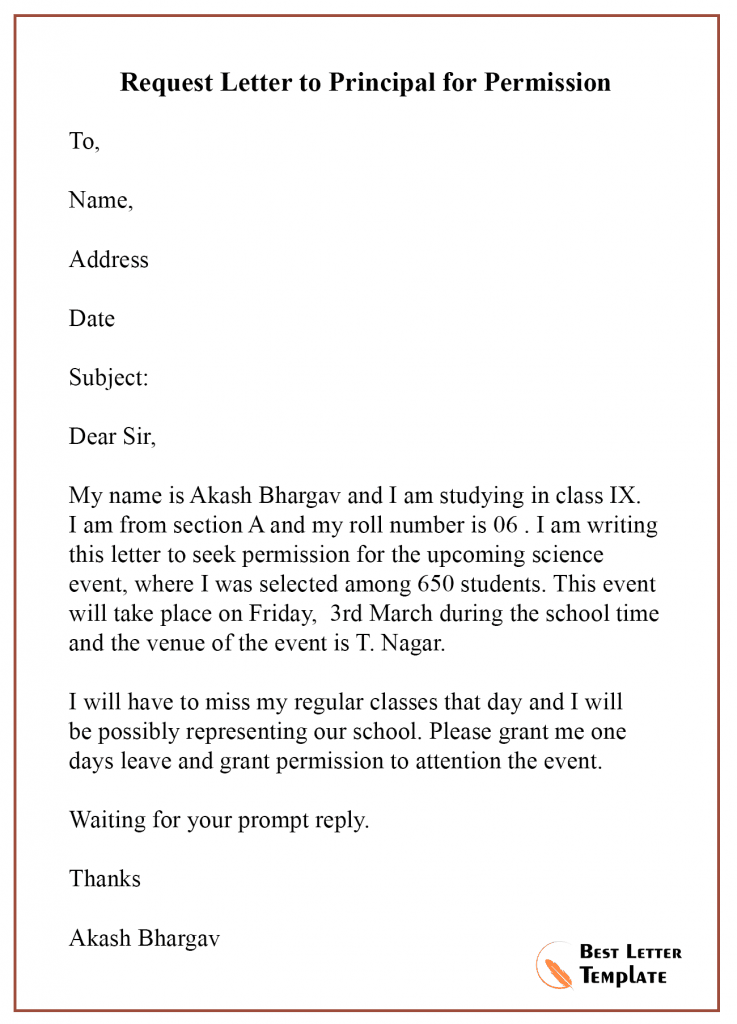 Format Of A Letter To Principal | Letter Template