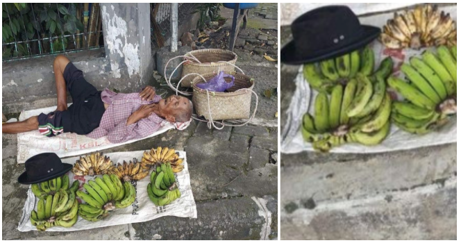 Isang Lolo nakatulog habang nagtitinda ng saging, Pinuri dahil sa kasipagan sa kabila ng edad nito