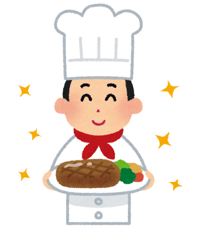 料理を差し出しているシェフのイラスト 男性 かわいいフリー素材