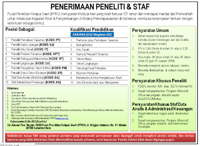 Rekrutmen Peneliti Dan Staf Sentra Penelitian Kelapa Sawit 2018