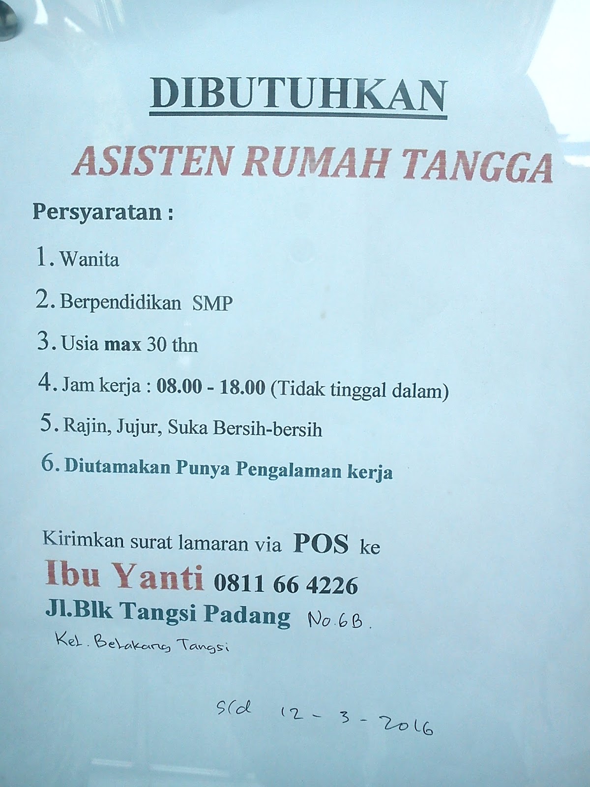 Lowongan Kerja Dibutuhkan Asisten Rumah Tangga Tutup 12 Maret 2016