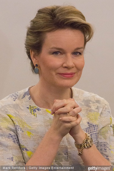 Queen Mathilde of Belgium visits the RTBF studio on March 19, 2015 in Brussels, Belgium