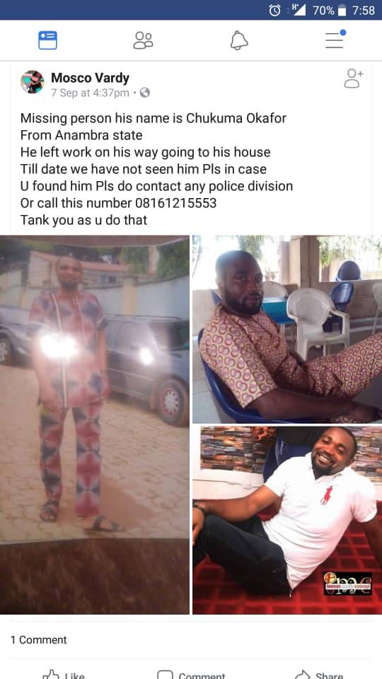 PUBLIC NOTICE! Chukwuma Okafor residing in Abuja is Missing