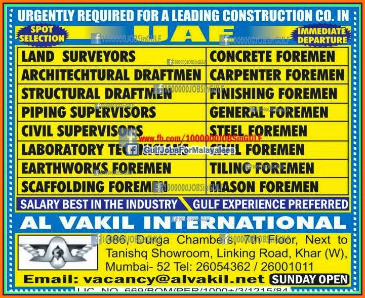 Urgently Required for Construction Company jobs for UAE