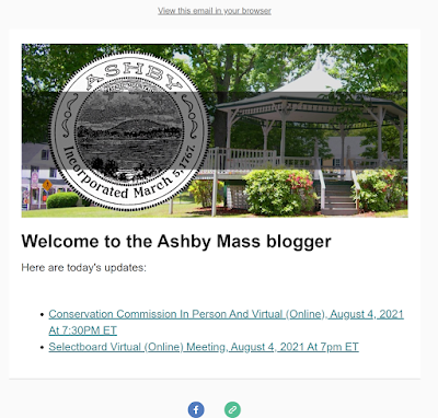 Sample email sent from the blogging service for Ashby Mass