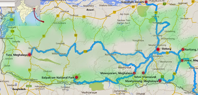 Map of main tourist attractions in Meghalaya