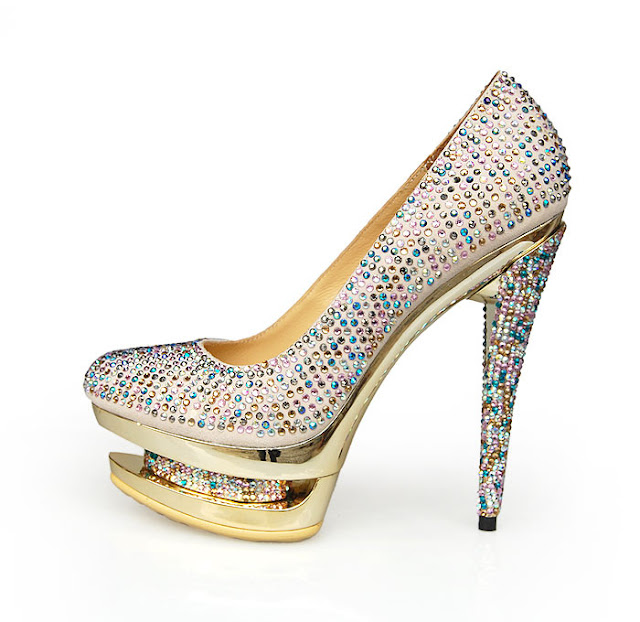 gold heels, crystal platforms