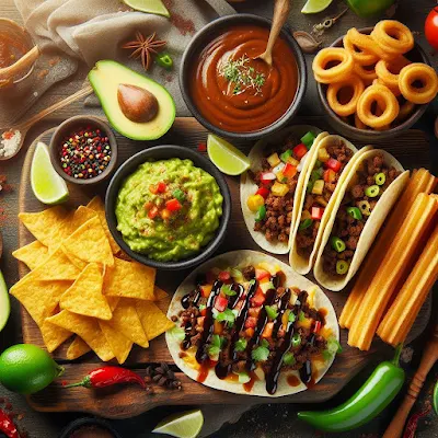Auf dem Bild sind alle Zutaten für ein abwechslungsreiches mexikanisches Menü zu sehen. Da sind Tacos gefüllt, Schalen mit Salsa, Hackfleischsauce, Guacamole und Nachos, Churros und Schokoladensauce, ein Schälchen mit Zimt.