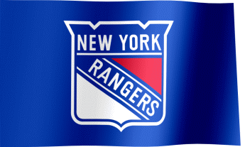 The waving blue fan flag of the New York Rangers with the logo (Animated GIF)