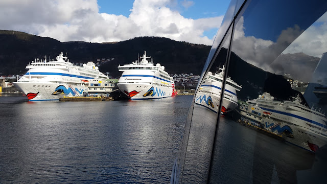 Cruise ships AIDAcara AIDAvita in Bergen, Norway; fjords cruise