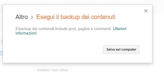 finestra del backup dei contenuti su blogger